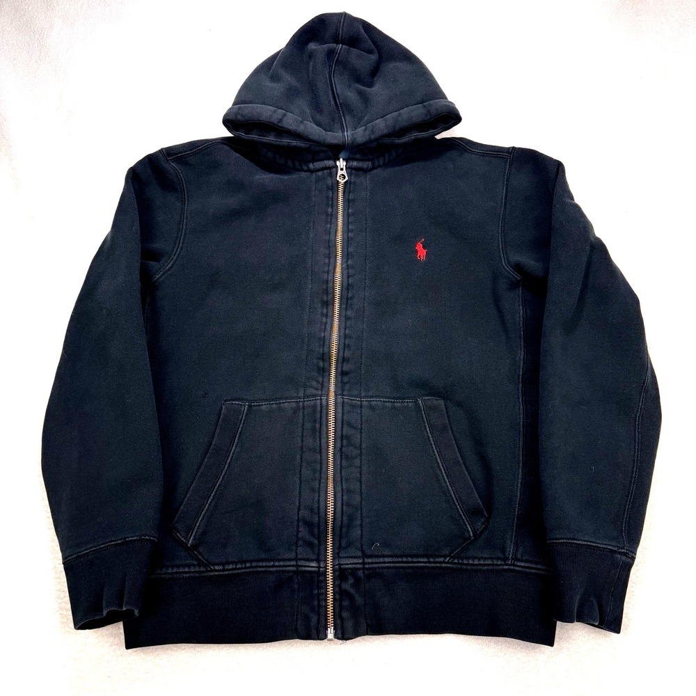 VTG Polo Hoodie Jacket Men L Black Full Zip Kangaroo Pocket Long Sleeve Heavy